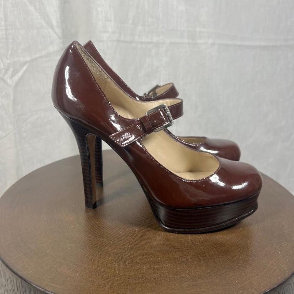 KORS Michael Kors Patent Leather Mary Jane Platform Heels in Brown - Size 6.5